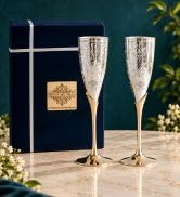 Indian Art Villa Pure Copper Drinkware Gift Set of 1 Bottle & 2 Glass with Royal Blue Box, Gifting Item for Diwali, Birthday & Parties (Volume-1 Litre, Half Hammered with Lacquer Finish)