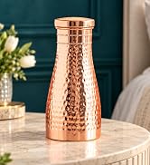 Indian Art Villa Pure Copper Drinkware Gift Set of 1 Bottle & 2 Glass with Royal Blue Box, Gifting Item for Diwali, Birthday & Parties (Volume-1 Litre, Half Hammered with Lacquer Finish)