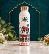 Indian Art Villa Pure Copper Drinkware Gift Set of 1 Bottle & 2 Glass with Royal Blue Box, Gifting Item for Diwali, Birthday & Parties (Volume-1 Litre, Half Hammered with Lacquer Finish)