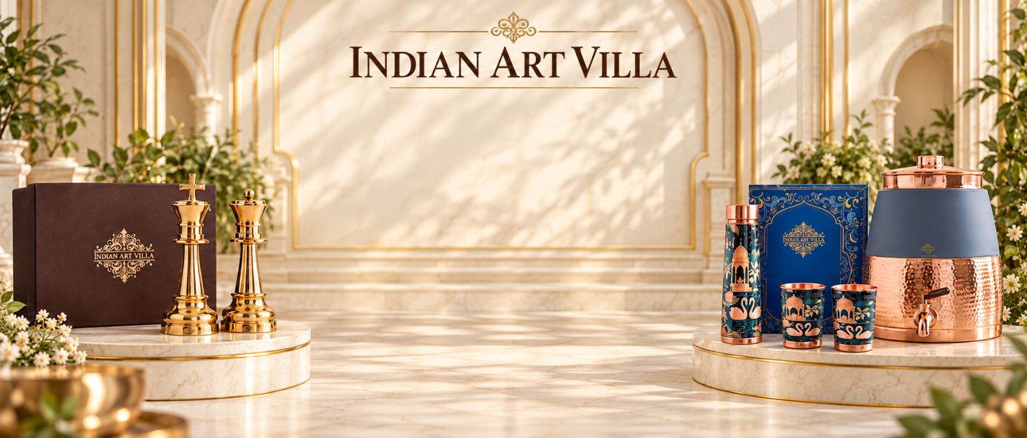 Indian Art Villa Pure Copper Drinkware Gift Set of 1 Bottle & 2 Glass with Royal Blue Box, Gifting Item for Diwali, Birthday & Parties (Volume-1 Litre, Half Hammered with Lacquer Finish)
