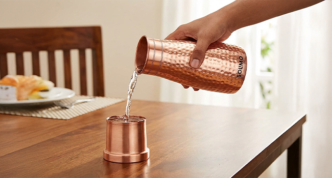 Amazon Brand - Solimo Copper Water Pot | Bedside Pot with Glass | Hammered Finish |950 ml