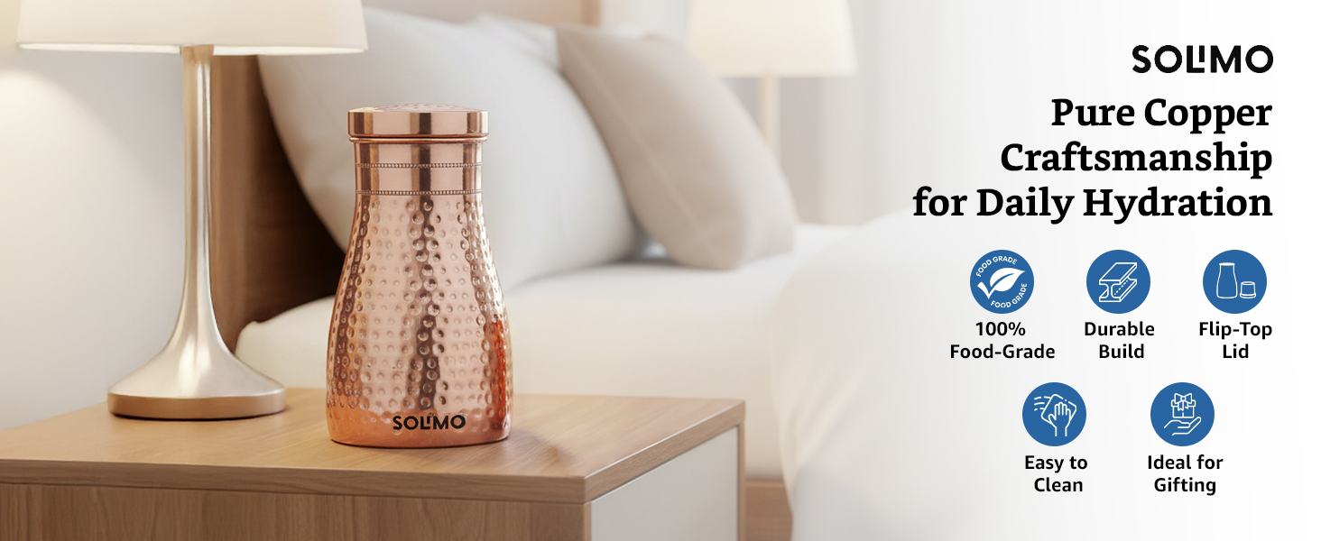 Amazon Brand - Solimo Copper Water Pot | Bedside Pot with Glass | Hammered Finish |950 ml