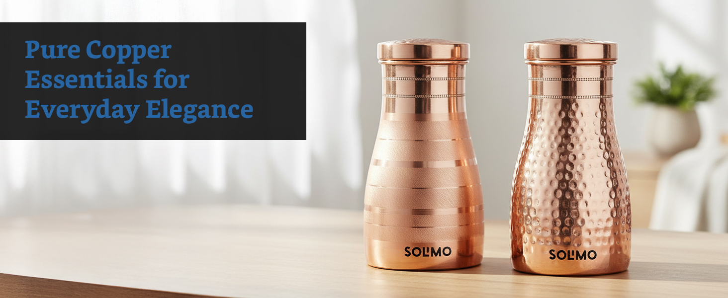 Amazon Brand - Solimo Copper Water Pot | Bedside Pot with Glass | Hammered Finish |950 ml