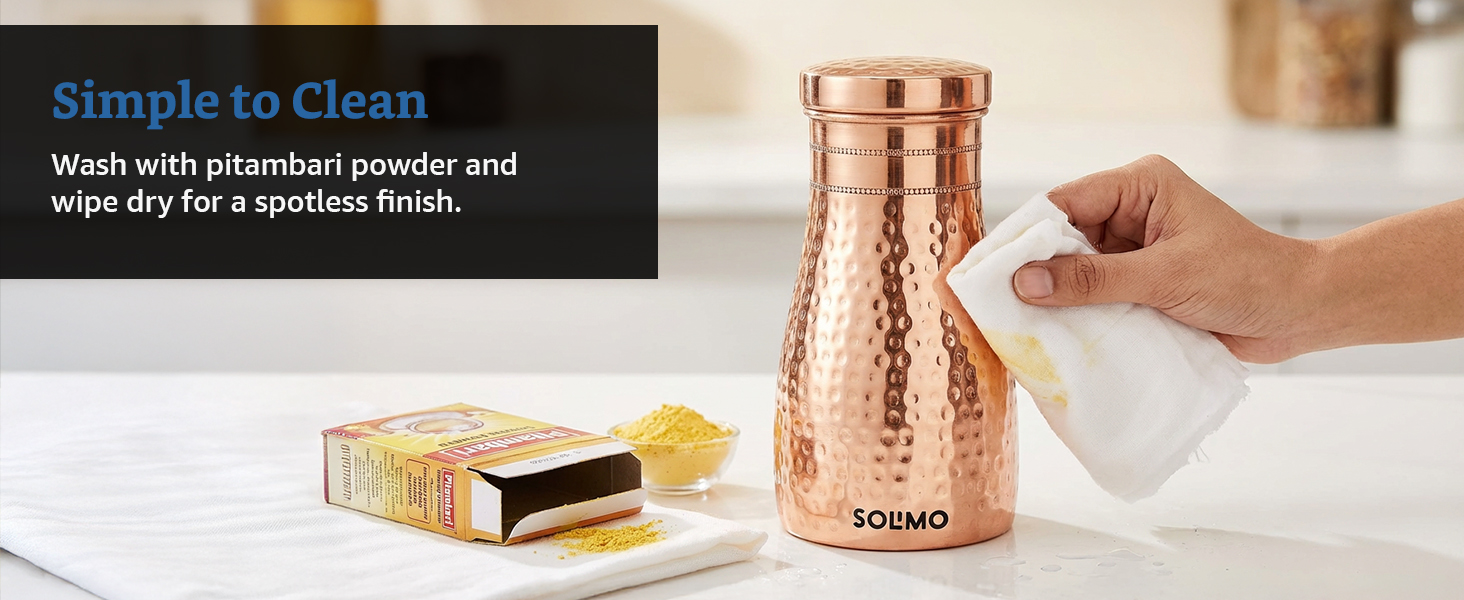 Amazon Brand - Solimo Copper Water Pot | Bedside Pot with Glass | Hammered Finish |950 ml