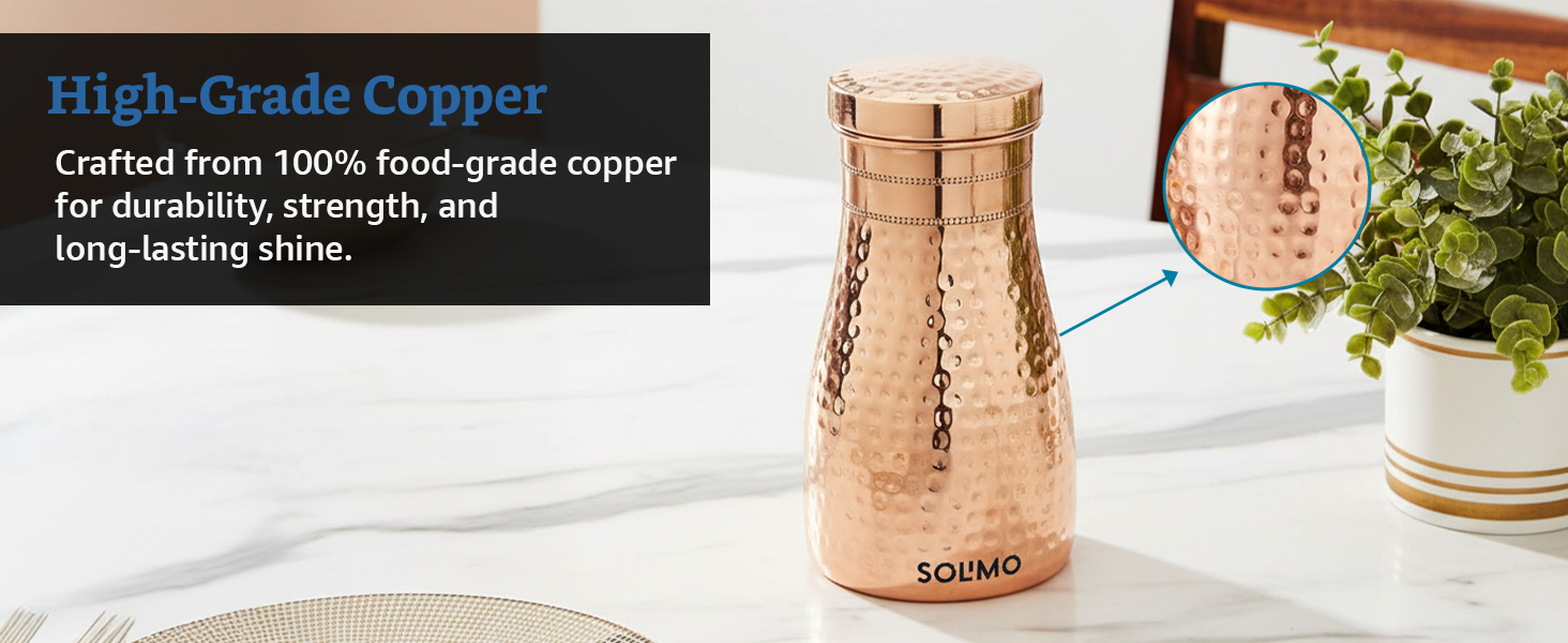Amazon Brand - Solimo Copper Water Pot | Bedside Pot with Glass | Hammered Finish |950 ml