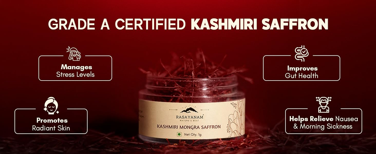Rasayanam Pure Original Kashmiri Saffron/Kesar/Kumkuma Puvvu (1gm) | Certified highest Grade-A Keshar | Saffron for pregnant women, Pooja rituals & Food aroma