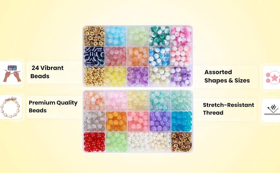 Ambitieux DIY Bracelet Making Kit for Girls – 30 Types of 600+ pcs of Crackle, Jelly & Pearl Beads golden ring in 2 Boxes with Charms, Hooks, 2 Elastic Threads & Cutter – Craft Kit for Kids Age 7-12 Return Gift Idea