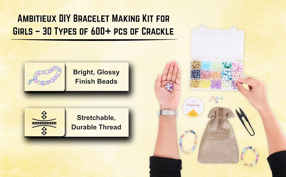 Ambitieux DIY Bracelet Making Kit for Girls – 30 Types of 600+ pcs of Crackle, Jelly & Pearl Beads golden ring in 2 Boxes with Charms, Hooks, 2 Elastic Threads & Cutter – Craft Kit for Kids Age 7-12 Return Gift Idea