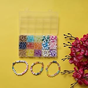 Ambitieux DIY Bracelet Making Kit for Girls – 30 Types of 600+ pcs of Crackle, Jelly & Pearl Beads golden ring in 2 Boxes with Charms, Hooks, 2 Elastic Threads & Cutter – Craft Kit for Kids Age 7-12 Return Gift Idea