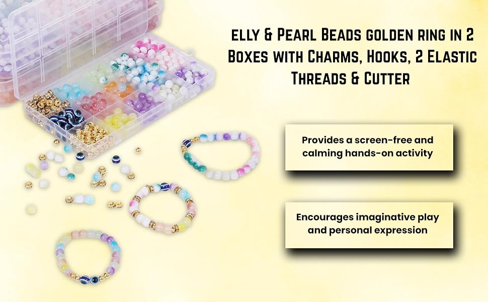 Ambitieux DIY Bracelet Making Kit for Girls – 30 Types of 600+ pcs of Crackle, Jelly & Pearl Beads golden ring in 2 Boxes with Charms, Hooks, 2 Elastic Threads & Cutter – Craft Kit for Kids Age 7-12 Return Gift Idea