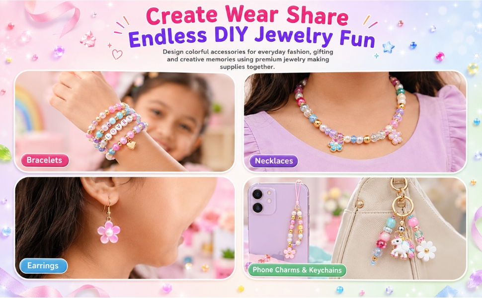 Ambitieux Jewellery Making Kit for Girls, 1400+ Beads Bracelet Making Set with 4 Storage Boxes, 16 Charms, Alphabet Beads, Pearl Beads, Keychain & Phone Charm Making Kit, DIY Jewelry Craft Kit for Kids Age 6-12