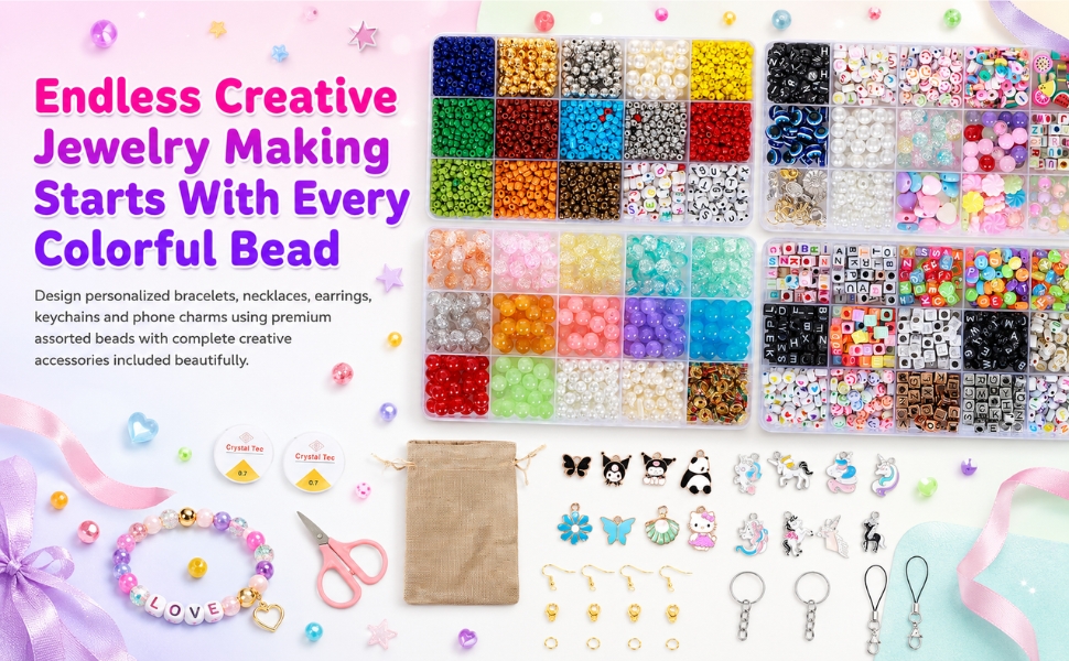 Ambitieux Jewellery Making Kit for Girls, 1400+ Beads Bracelet Making Set with 4 Storage Boxes, 16 Charms, Alphabet Beads, Pearl Beads, Keychain & Phone Charm Making Kit, DIY Jewelry Craft Kit for Kids Age 6-12