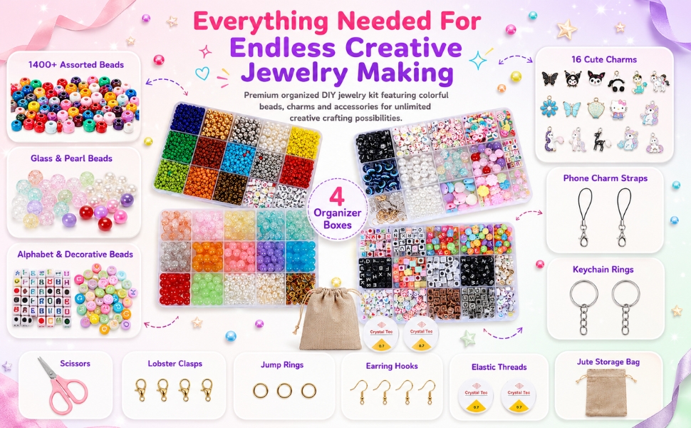 Ambitieux Jewellery Making Kit for Girls, 1400+ Beads Bracelet Making Set with 4 Storage Boxes, 16 Charms, Alphabet Beads, Pearl Beads, Keychain & Phone Charm Making Kit, DIY Jewelry Craft Kit for Kids Age 6-12