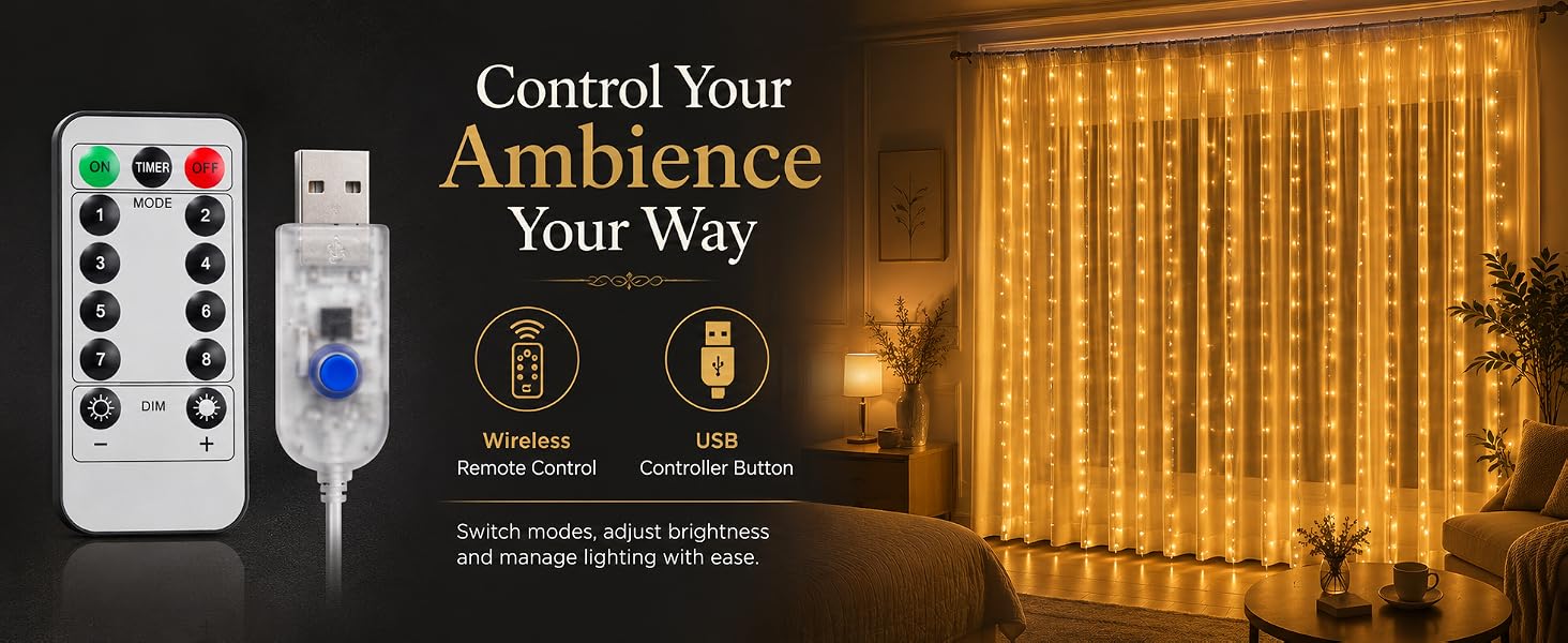 Gesto USB Curtain Fairy Lights for Decoration – 300 Led String Lights with 8 Modes Remote | Warm White Decorative Lights for Home Decor, Room,Wall, Balcony, Christmas & Diwali Decoration- 9.8x9.8 Ft