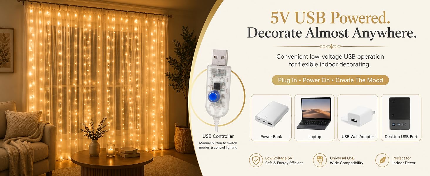 Gesto USB Curtain Fairy Lights for Decoration – 300 Led String Lights with 8 Modes Remote | Warm White Decorative Lights for Home Decor, Room,Wall, Balcony, Christmas & Diwali Decoration- 9.8x9.8 Ft
