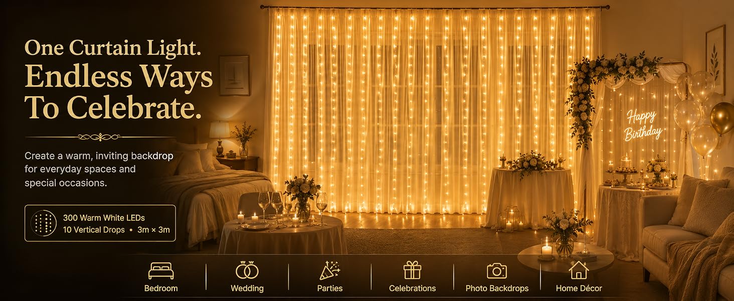 Gesto USB Curtain Fairy Lights for Decoration – 300 Led String Lights with 8 Modes Remote | Warm White Decorative Lights for Home Decor, Room,Wall, Balcony, Christmas & Diwali Decoration- 9.8x9.8 Ft