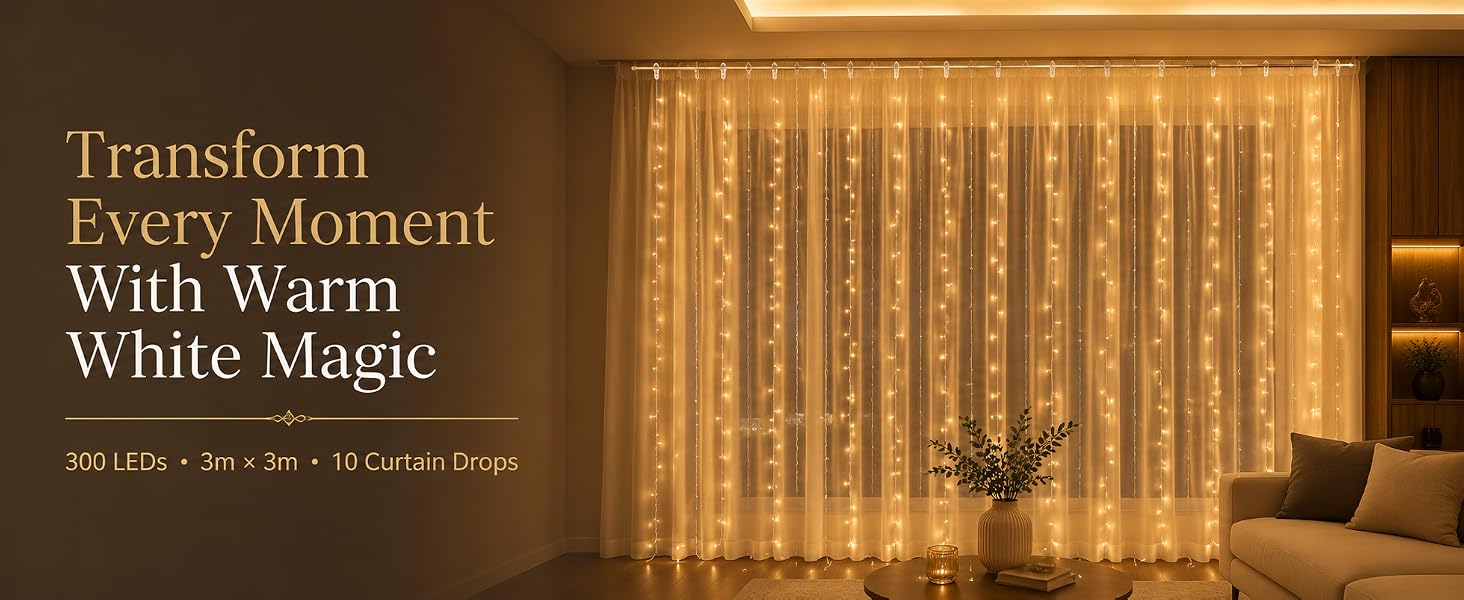 Gesto USB Curtain Fairy Lights for Decoration – 300 Led String Lights with 8 Modes Remote | Warm White Decorative Lights for Home Decor, Room,Wall, Balcony, Christmas & Diwali Decoration- 9.8x9.8 Ft