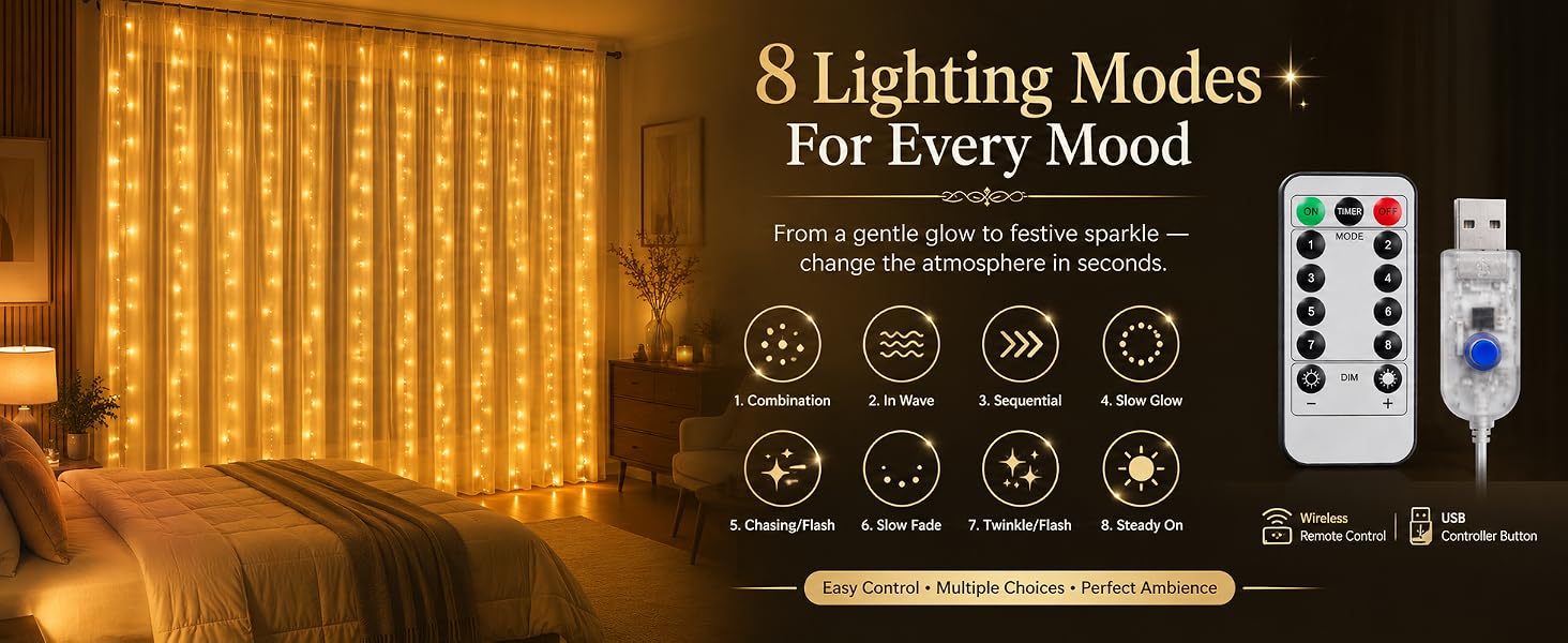 Gesto USB Curtain Fairy Lights for Decoration – 300 Led String Lights with 8 Modes Remote | Warm White Decorative Lights for Home Decor, Room,Wall, Balcony, Christmas & Diwali Decoration- 9.8x9.8 Ft