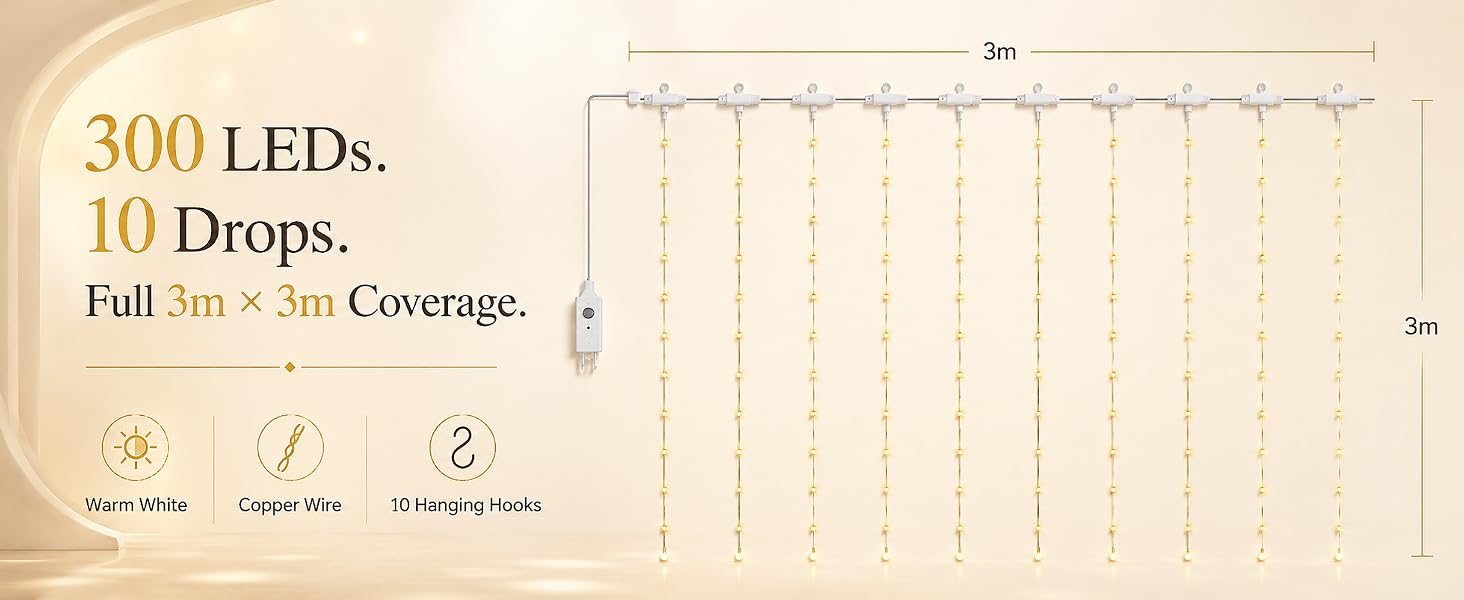 Gesto USB Curtain Fairy Lights for Decoration – 300 Led String Lights with 8 Modes Remote | Warm White Decorative Lights for Home Decor, Room,Wall, Balcony, Christmas & Diwali Decoration- 9.8x9.8 Ft