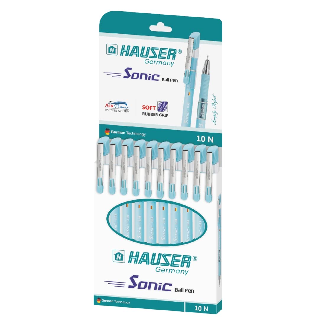 Hauser Germany Sonic Ball Pen Wallet Pack|0.7 Mm Tip Size|Attractive Foiled Body With Soft Rubber Grip|Stylish Metal Clip|German Technology For Smooth & Effortless Writing|Blue Ink,Wallet Set Of 10
