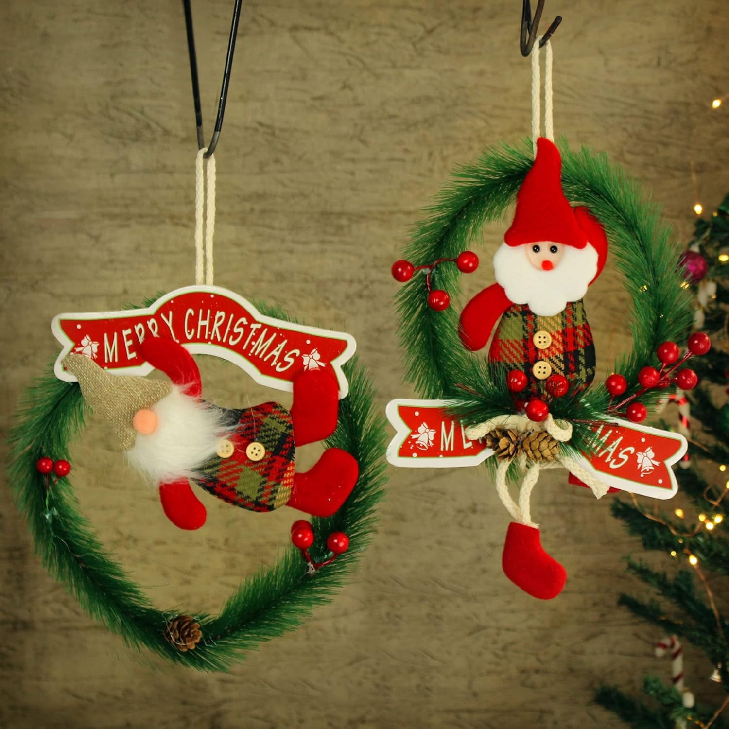 TIED RIBBONS Pack of 2 Christmas Wreath Artificial Pine Rings Reindeer for Front Door Xmas Tree Wall Hanging Ornaments Accessories - Christmas Decorations Items for Home Office