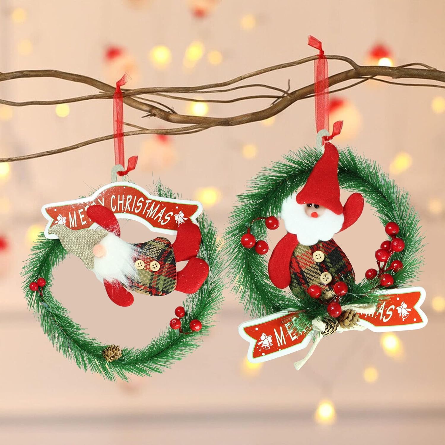TIED RIBBONS Pack of 2 Christmas Wreath Artificial Pine Rings Reindeer for Front Door Xmas Tree Wall Hanging Ornaments Accessories - Christmas Decorations Items for Home Office – view 5