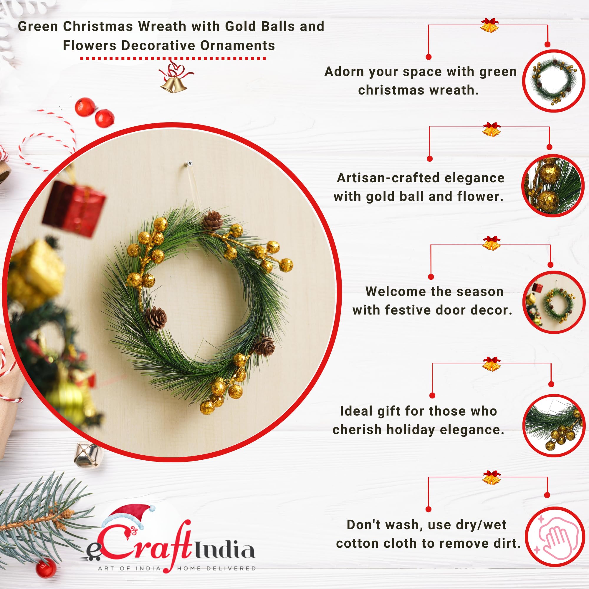 eCraftIndia Green Merry Christmas Wreath with Golden Balls Flowers – view 5