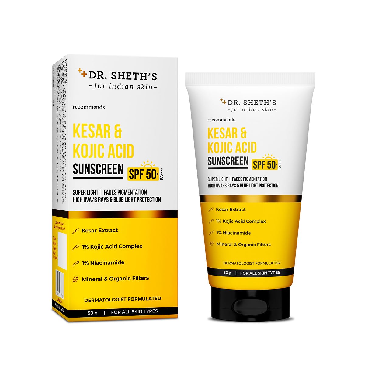 Dr. Sheth's Kesar & Kojic Acid Sunscreen with SPF 50 Pa++++ | For Pigmentation-Free Skin | No White Cast & Light Weight | For Daily Moisturization | For All Skin Types | 50 g