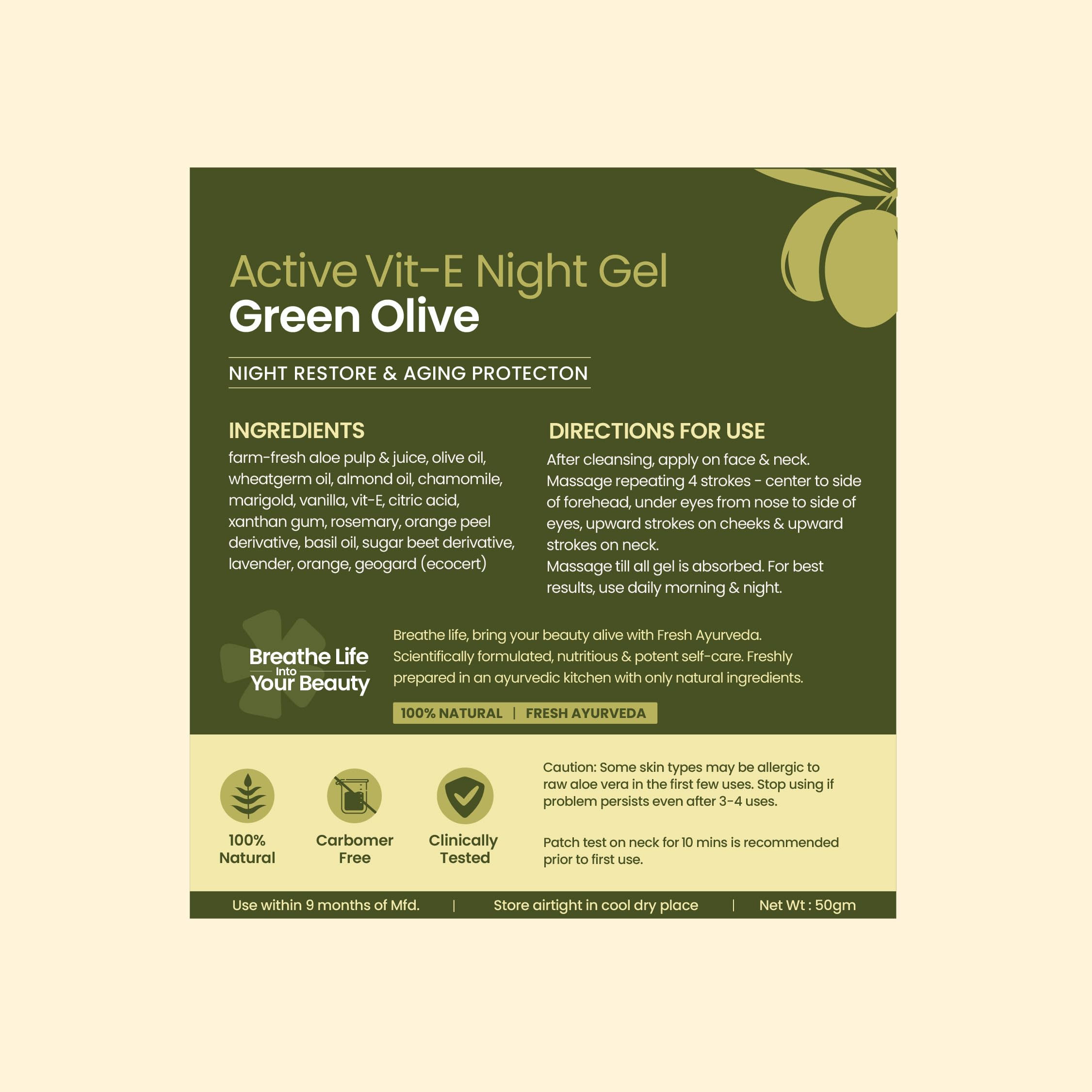 Nat Habit Active Face Gel, Olive Vit-E For Night Restore & Aging Protection With Cooling, Soothing, Sun Burn Healing & UV Protection, Suitable For All Skin Types, 50gm – view 9