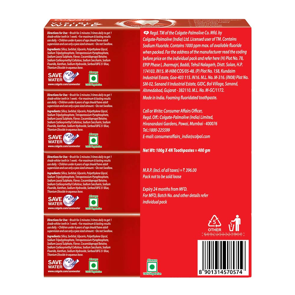 Colgate Visible White Toothpaste 400g (100g x Pack of 4) Teeth Whitening Starts in 1 week, Safe on Enamel, Stain Removal and Minty Flavour for Fresh Breath – view 9