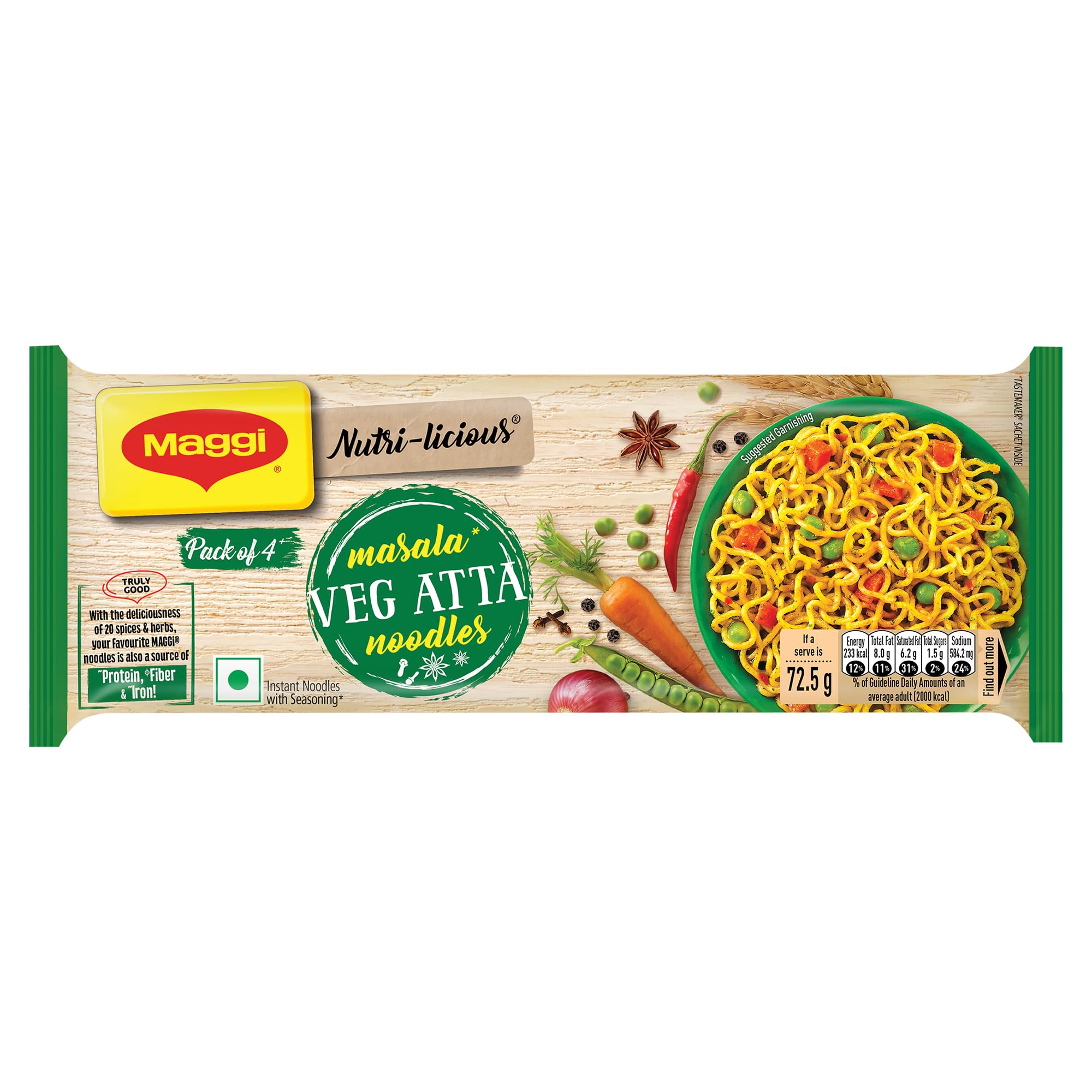 MAGGI Nutri-licious Veg Atta Masala Noodles, Instant Noodles with 20 Spices & Herbs, Source of Fibre & Iron, Atta Noodles with Appetizing Aroma & Delicious Taste, 290 grams