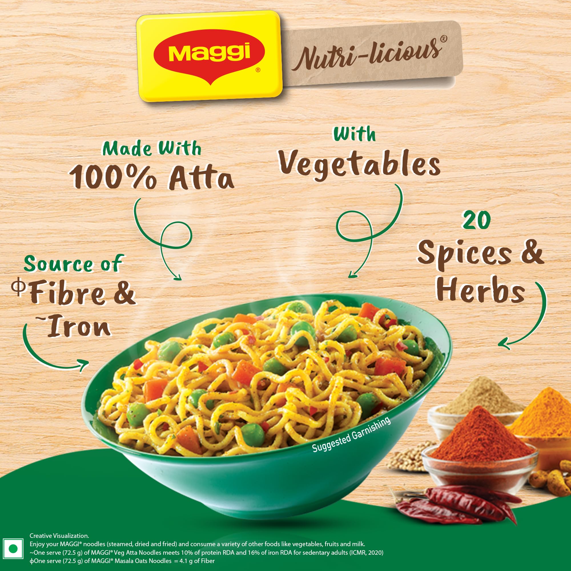 MAGGI Nutri-licious Veg Atta Masala Noodles, Instant Noodles with 20 Spices & Herbs, Source of Fibre & Iron, Atta Noodles with Appetizing Aroma & Delicious Taste, 290 grams – view 7