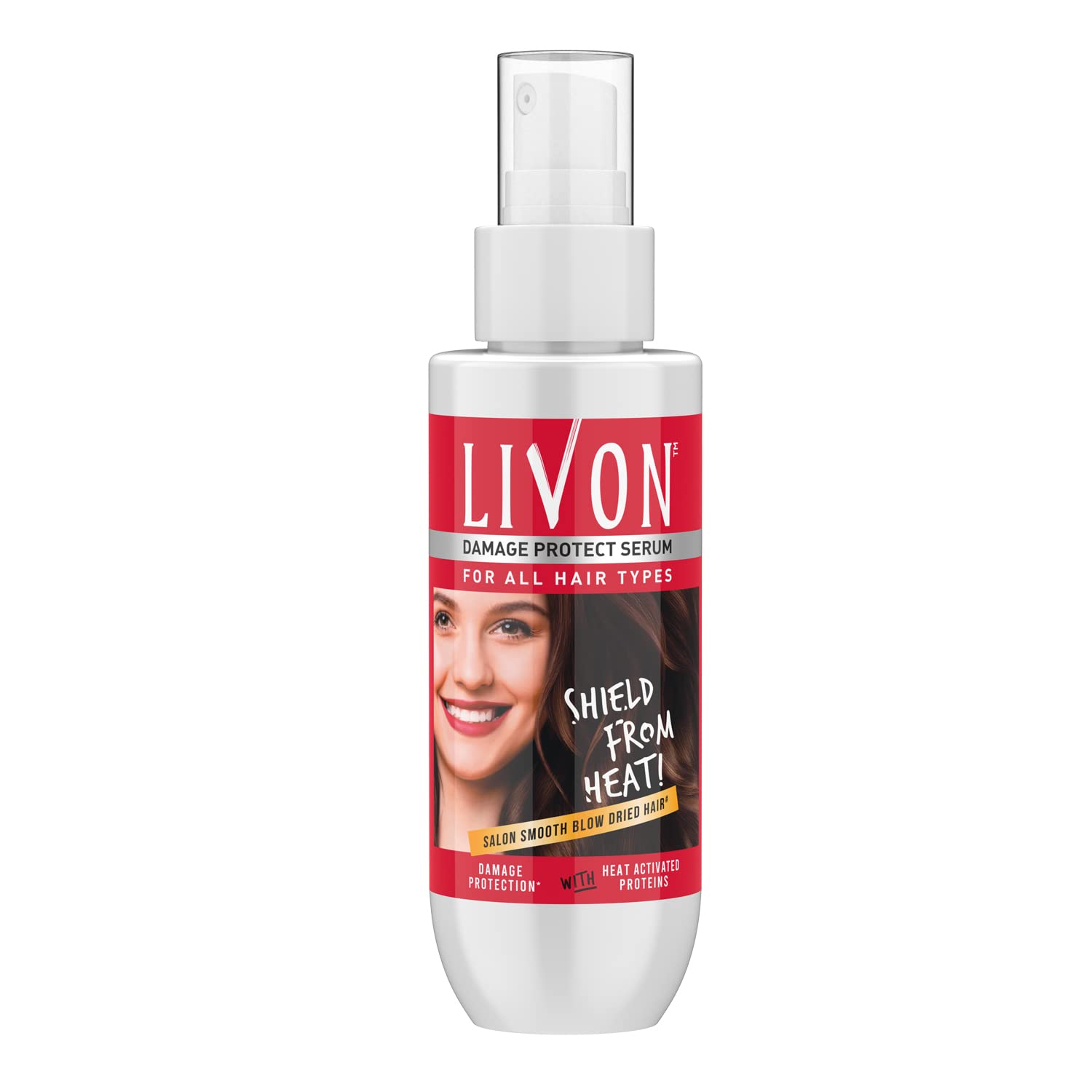 Livon heat protect hair serum bottle with spray applicator