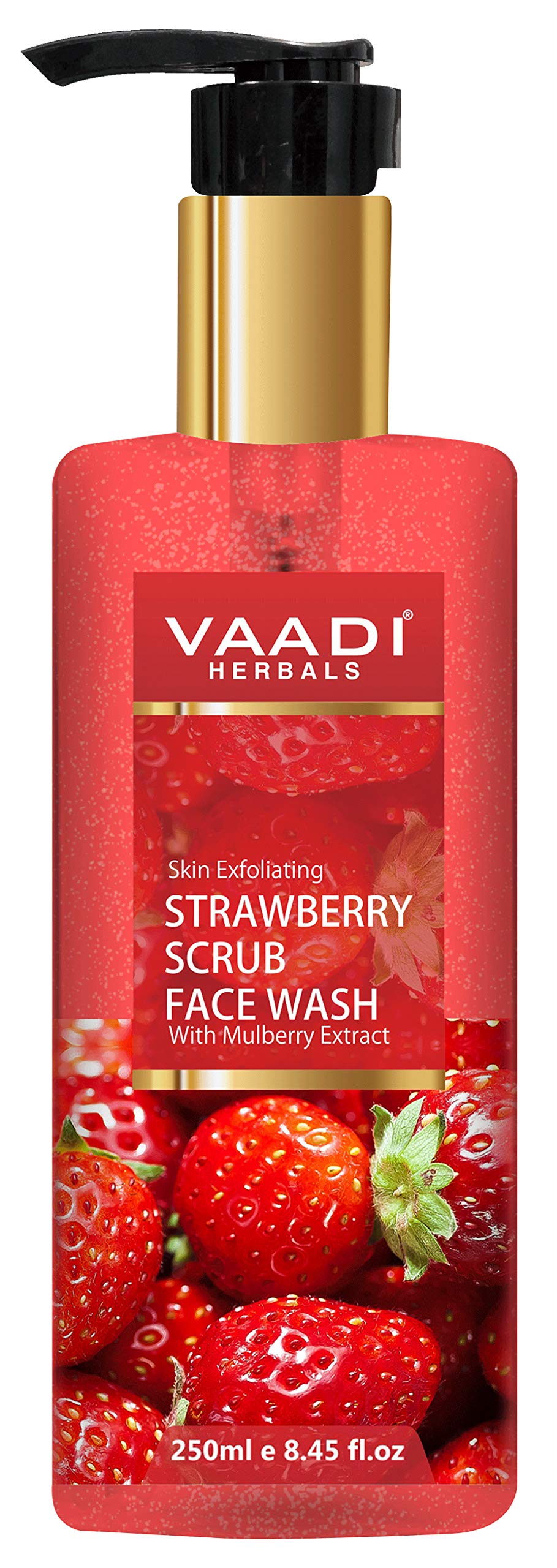 Front view of Vaadi Herbals strawberry scrub face wash bottle
