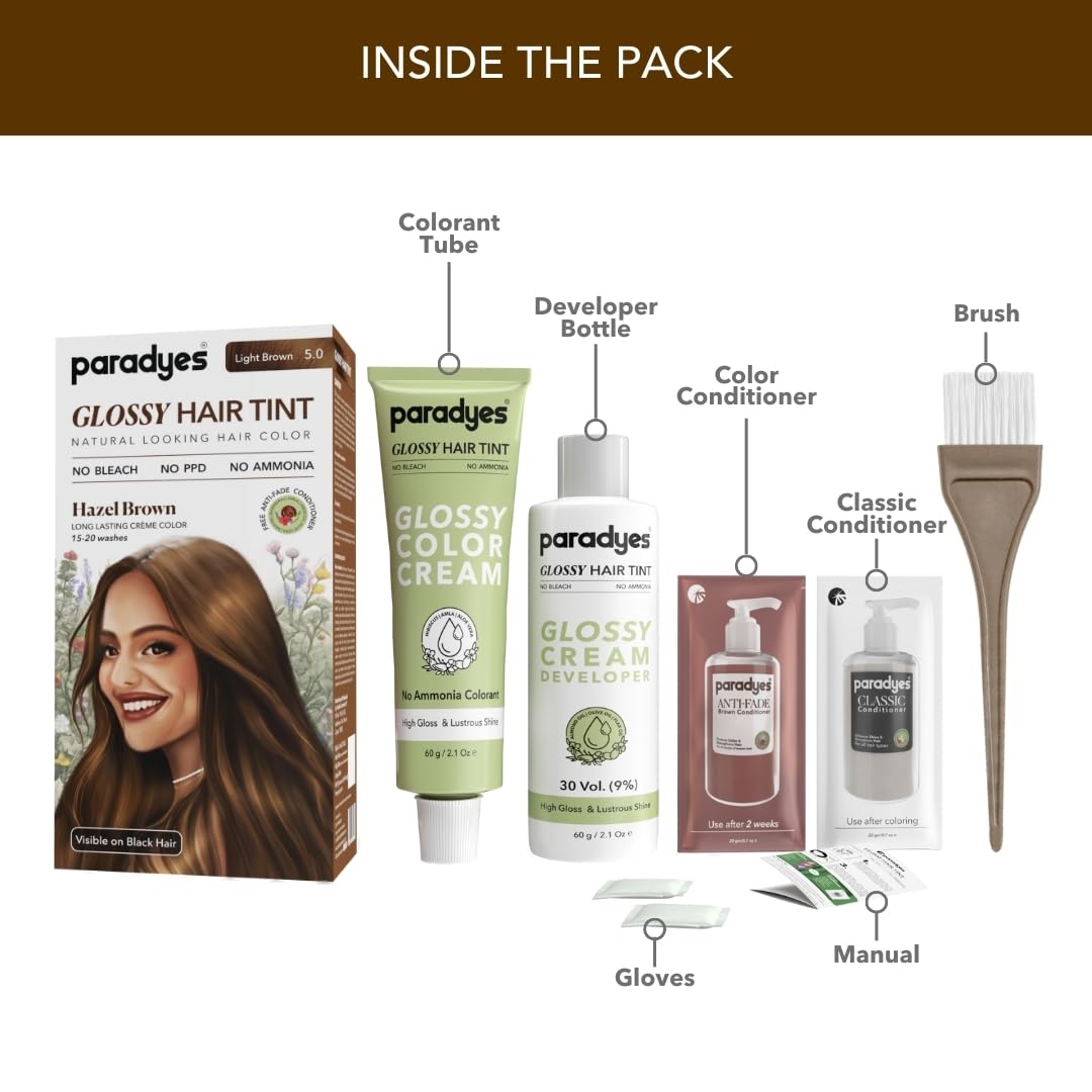 Paradyes No Bleach Hazel Brown Glossy Hair Tint, Ammonia-Free Formula for Natural Black Hair, Visible on Natural Black Hair, Enriched with Herbal Extracts, Includes Anti-Fade Conditioner for Long-Lasting Shine, 5 Light Brown – view 2