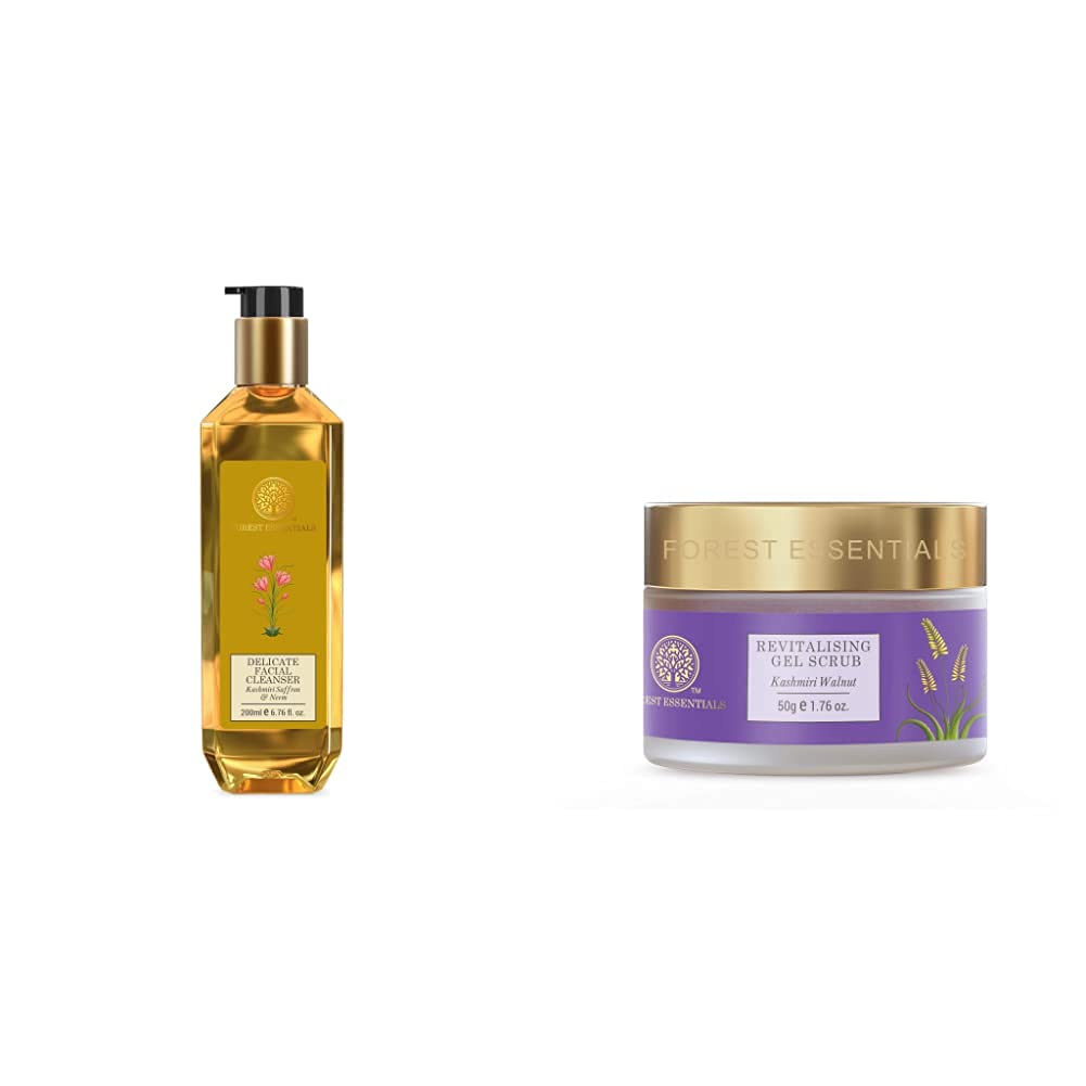Forest Essentials facial cleanser and walnut gel scrub set