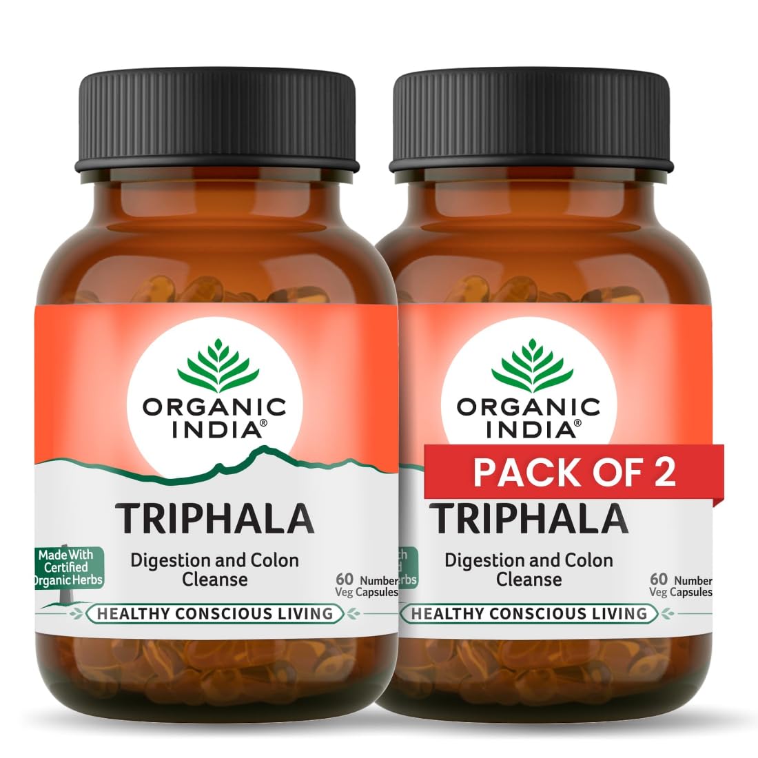 Two bottles of Organic India Triphala capsules for digestion support