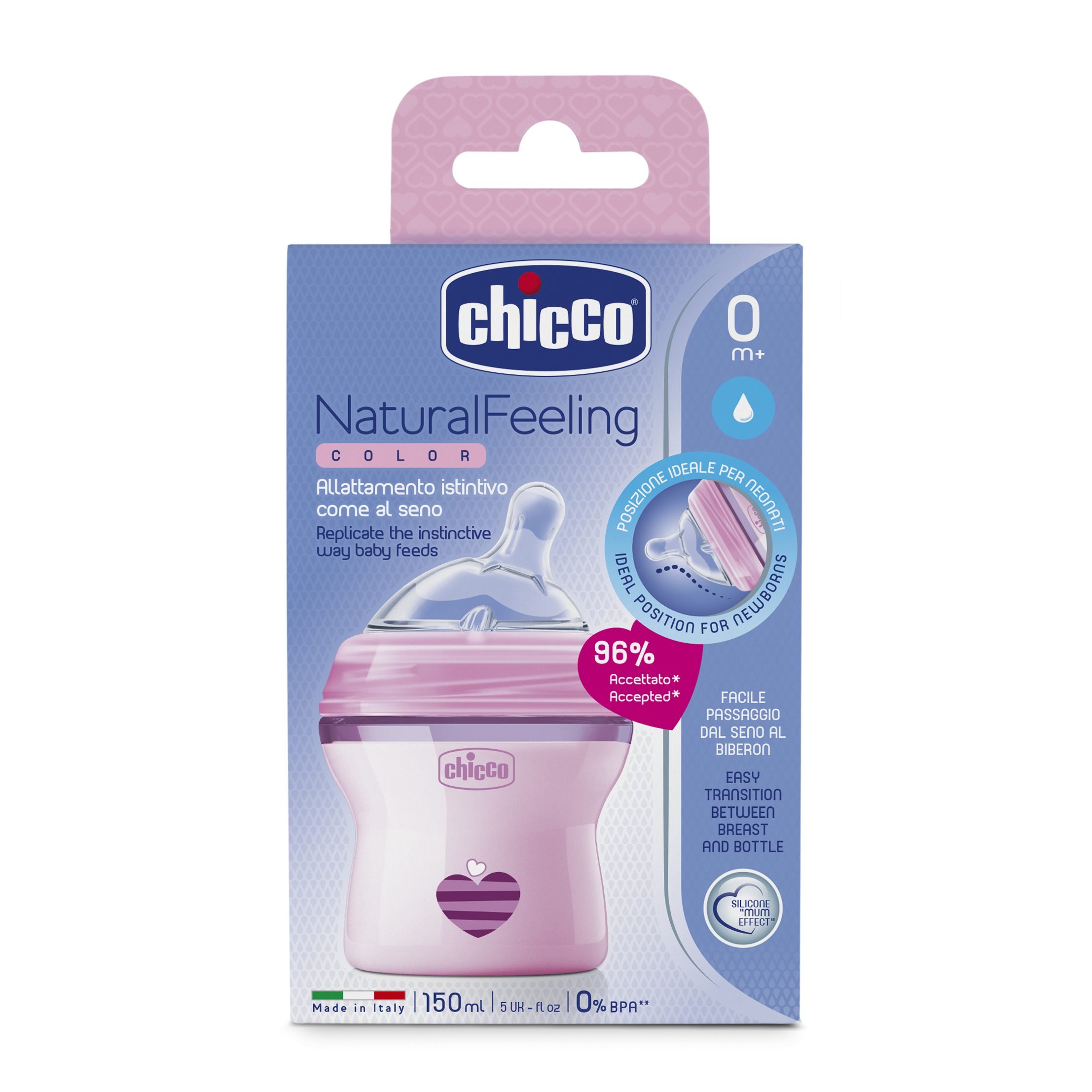 Chicco Natural Feeling 150ml Baby Milk Feeding Plastic Bottle with Wide Neck, Anti-Colic for Easy Milk Flow, for Babies & Toddlers 0m+ (Pink) – view 3