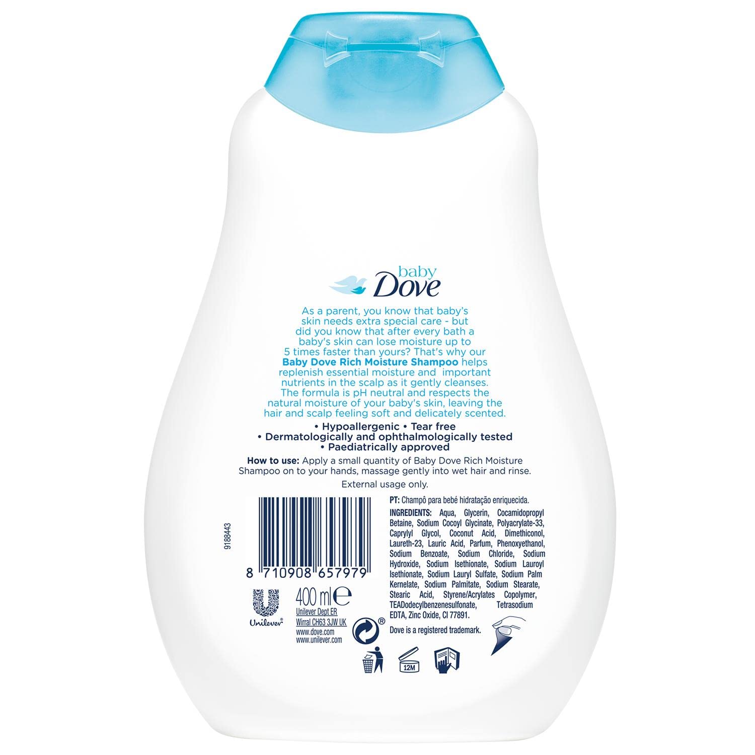 Baby Dove Shampoo 400 ml, Mild No Tears Rich Moisture Baby Shampoo for kids, Gentle Care for Baby's Soft Hair - No Sulphates No Paraben shampoo – view 2