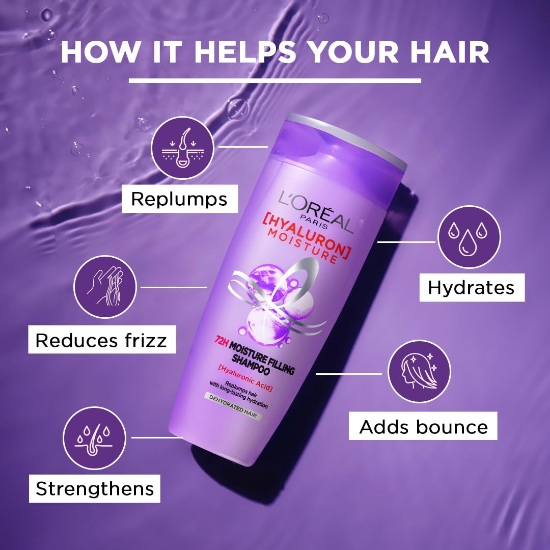 L'Oreal Paris Moisture Filling Shampoo, With Hyaluronic Acid, For Dry & Dehydrated Hair, Adds Shine & Bounce, Hyaluron Moisture 72H, 180ml – view 4