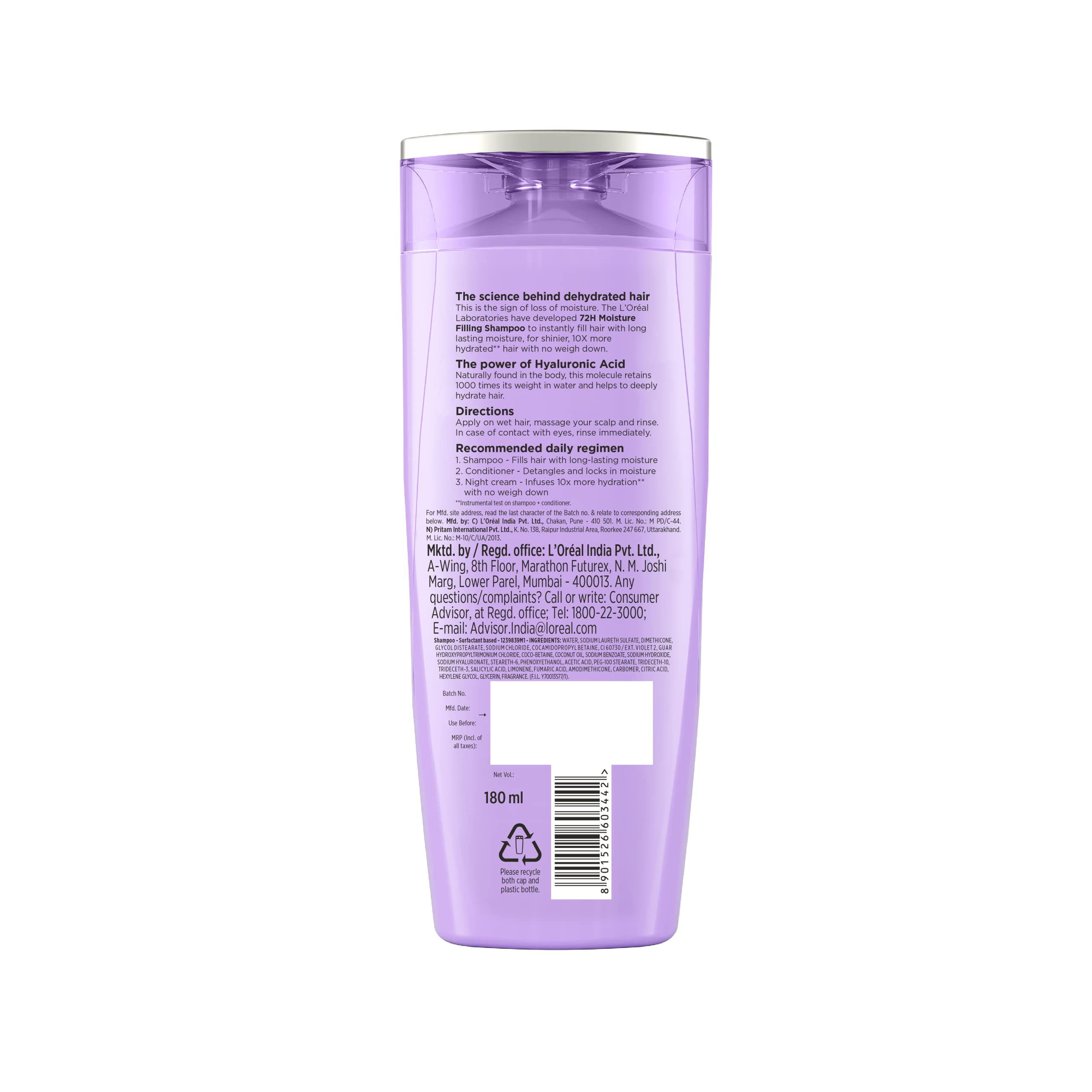 L'Oreal Paris Moisture Filling Shampoo, With Hyaluronic Acid, For Dry & Dehydrated Hair, Adds Shine & Bounce, Hyaluron Moisture 72H, 180ml – view 7