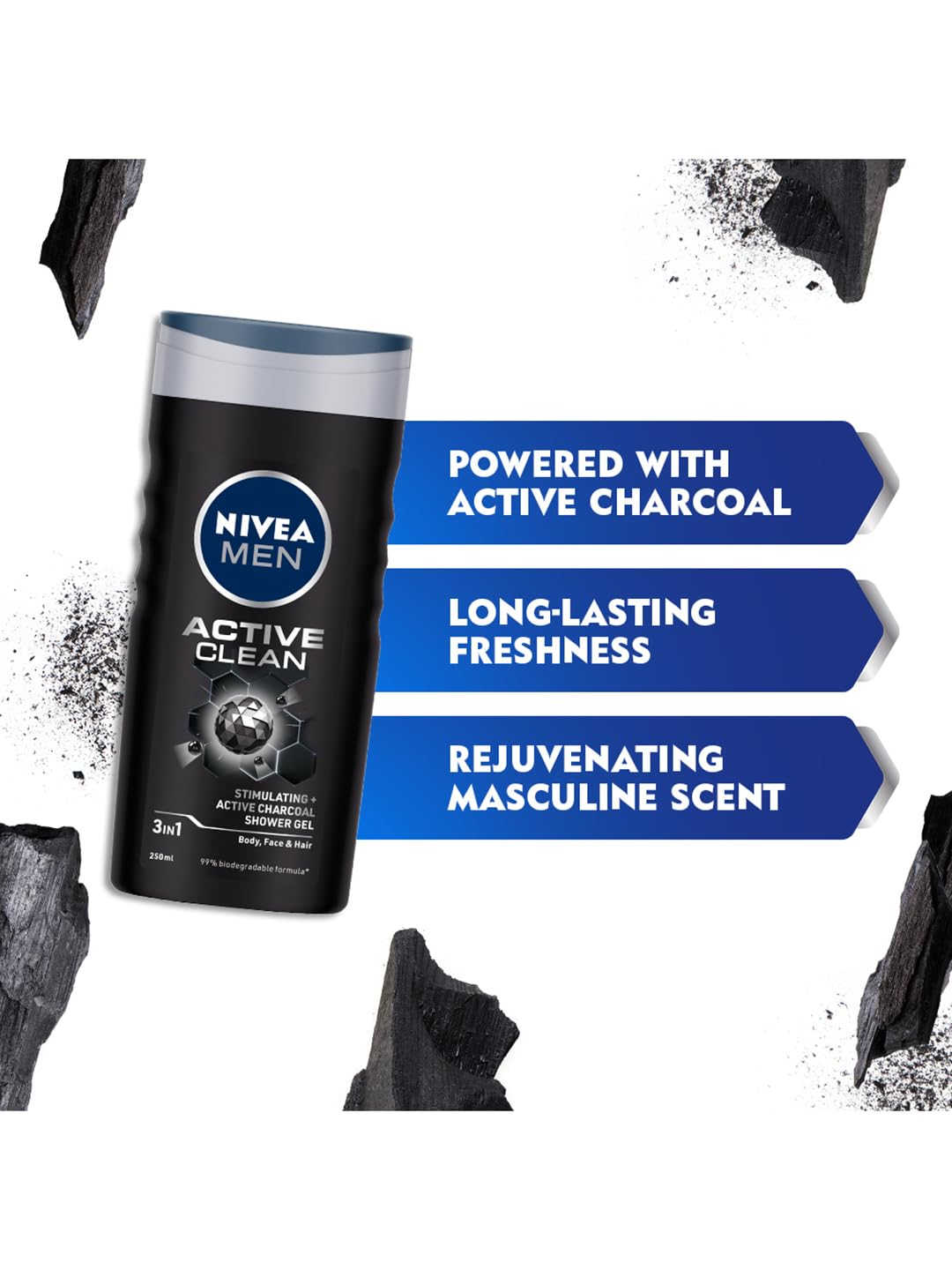 Nivea Active Clean Body Wash with Active Charcoal, Shower Gel For Body, Face & Hair, 250ml (Pack of 3) – view 5