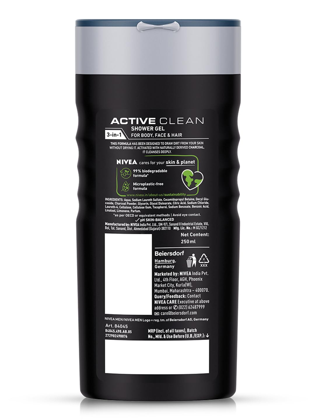 Nivea Active Clean Body Wash with Active Charcoal, Shower Gel For Body, Face & Hair, 250ml (Pack of 3) – view 7