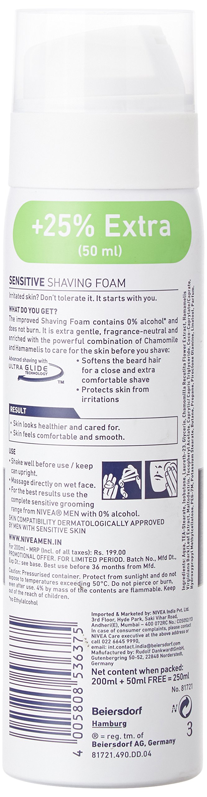 Nivea Men Sensitive Shaving Foam, 200ml +50ml Extra (25% Free)=250ml – view 2