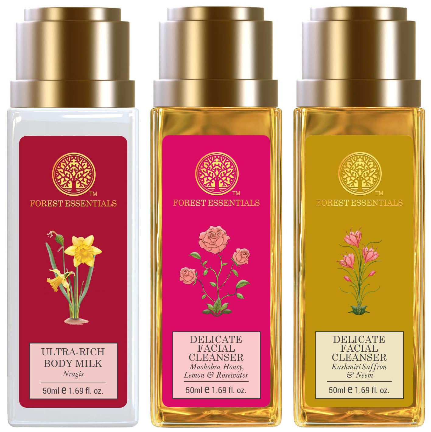 Forest Essentials skincare with body milk and facial cleansers travel size
