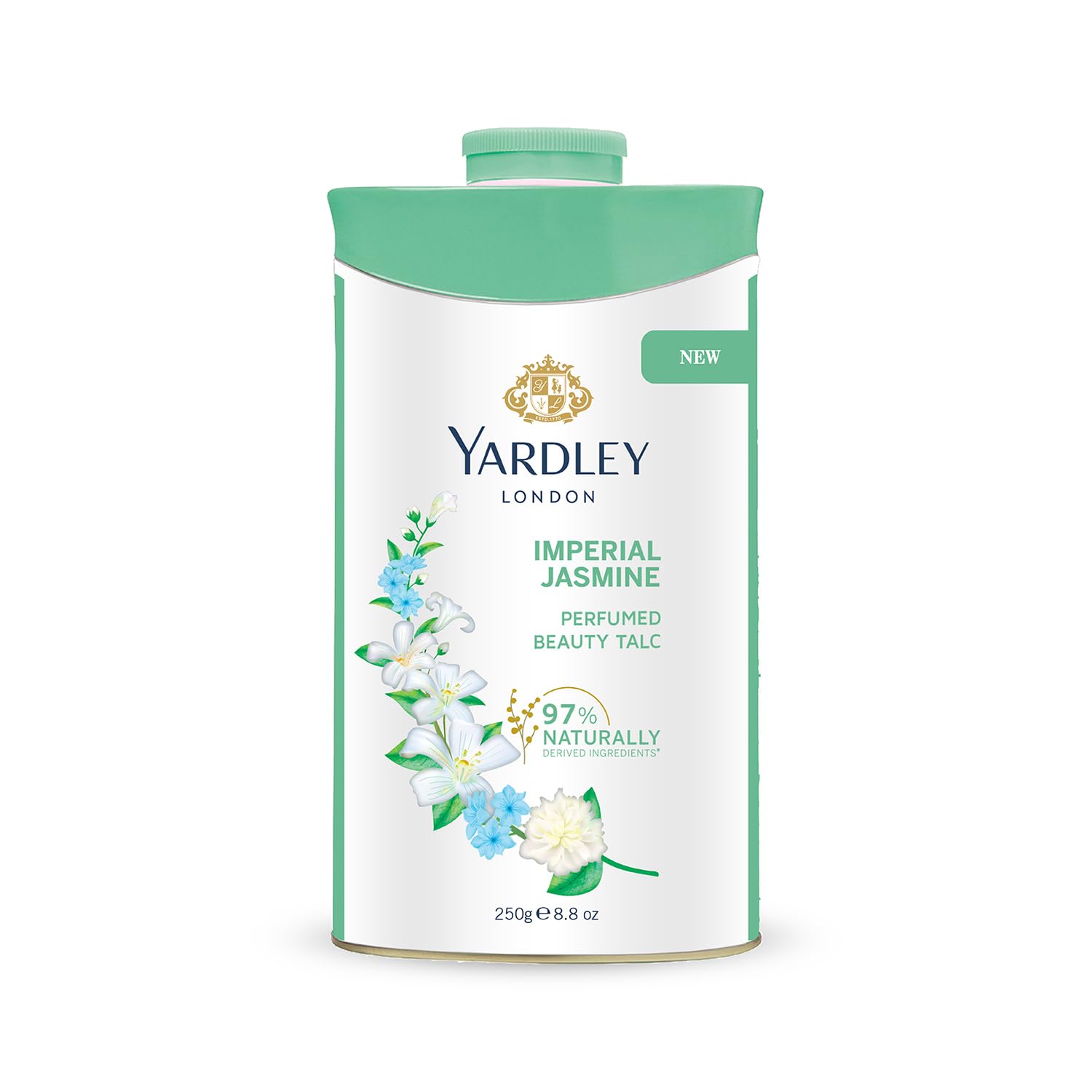 Front view of Yardley Imperial Jasmine talcum powder 250g bottle