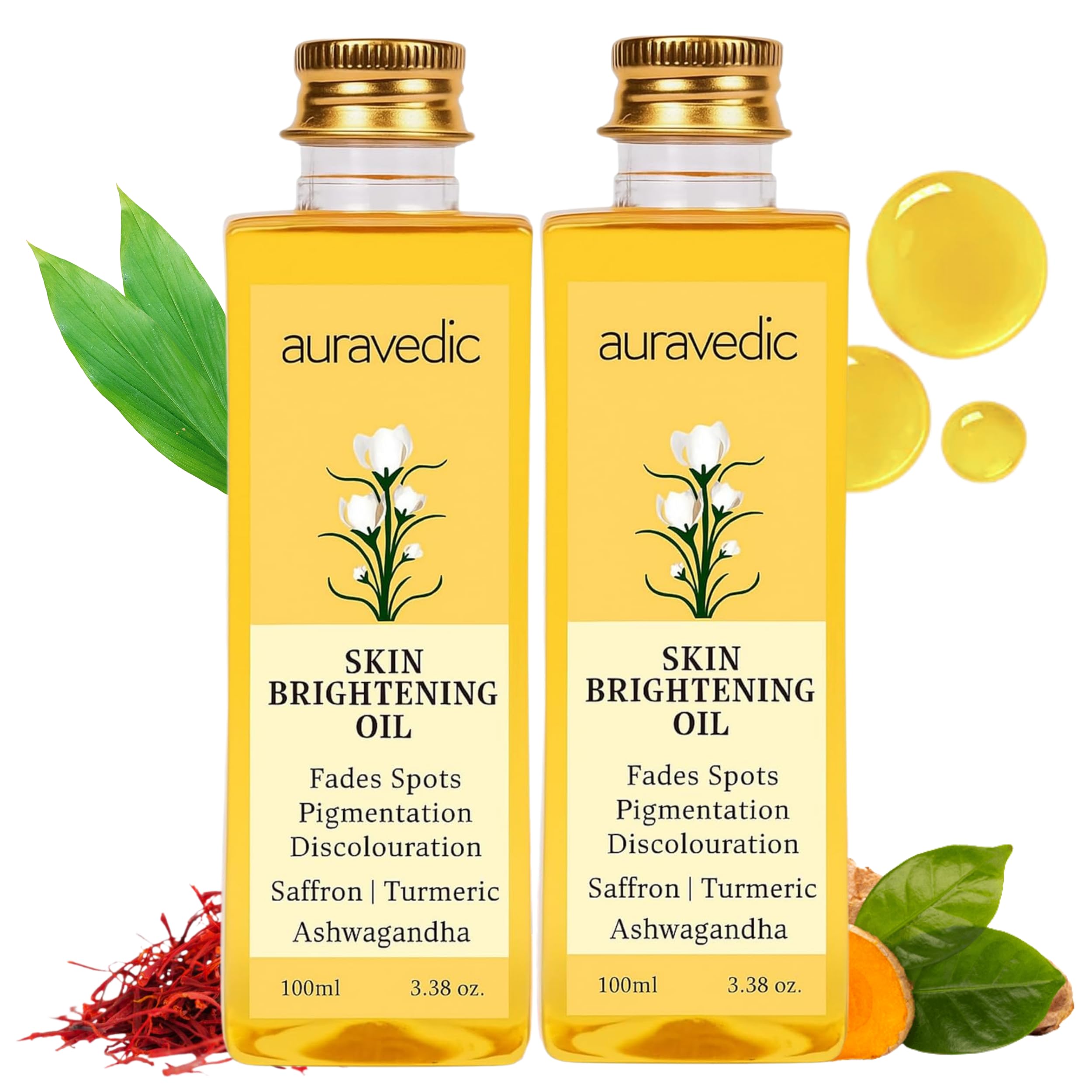 Two bottles of Auravedic saffron face oil for glowing skin