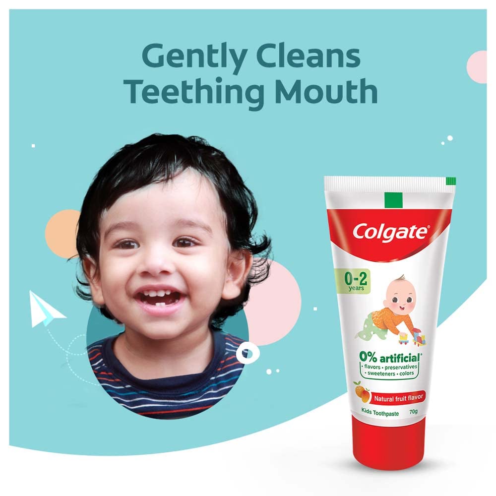 Colgate Kids Cavity Protection Toothpaste for 0-2 Years, 140g (70g x 2), Natural Fruit Flavour, 0% Artificial substances, SLS Free, Fluoride Free with Kid's Extra Soft Toothbrush (1 pc) (0- 24 months) – view 2