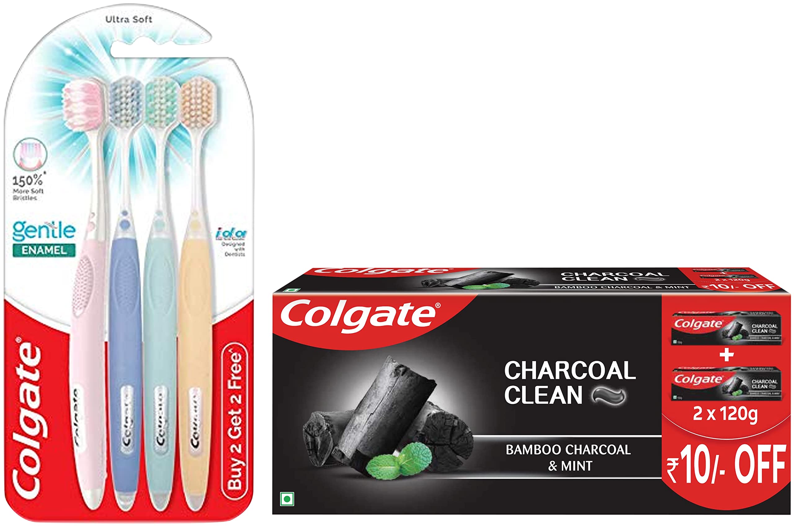 Colgate gentle enamel toothbrushes and charcoal black gel toothpaste combo