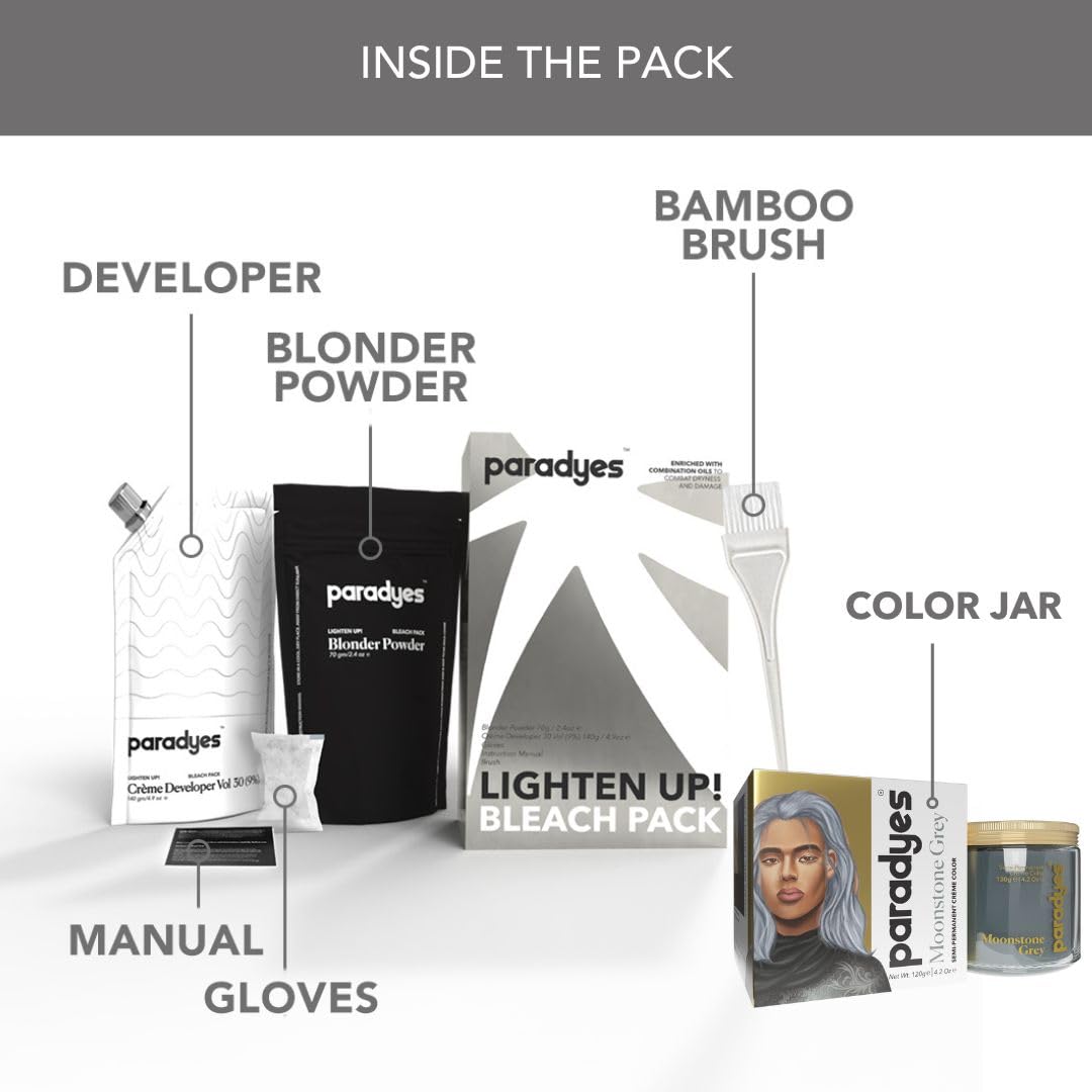 Paradyes Semi-permanent Moonstone Grey DIY Conditioner Based Hair Colour 120 gm and Lighten Up! Bleach Pack 30 Vol. for all Hair Types – view 3